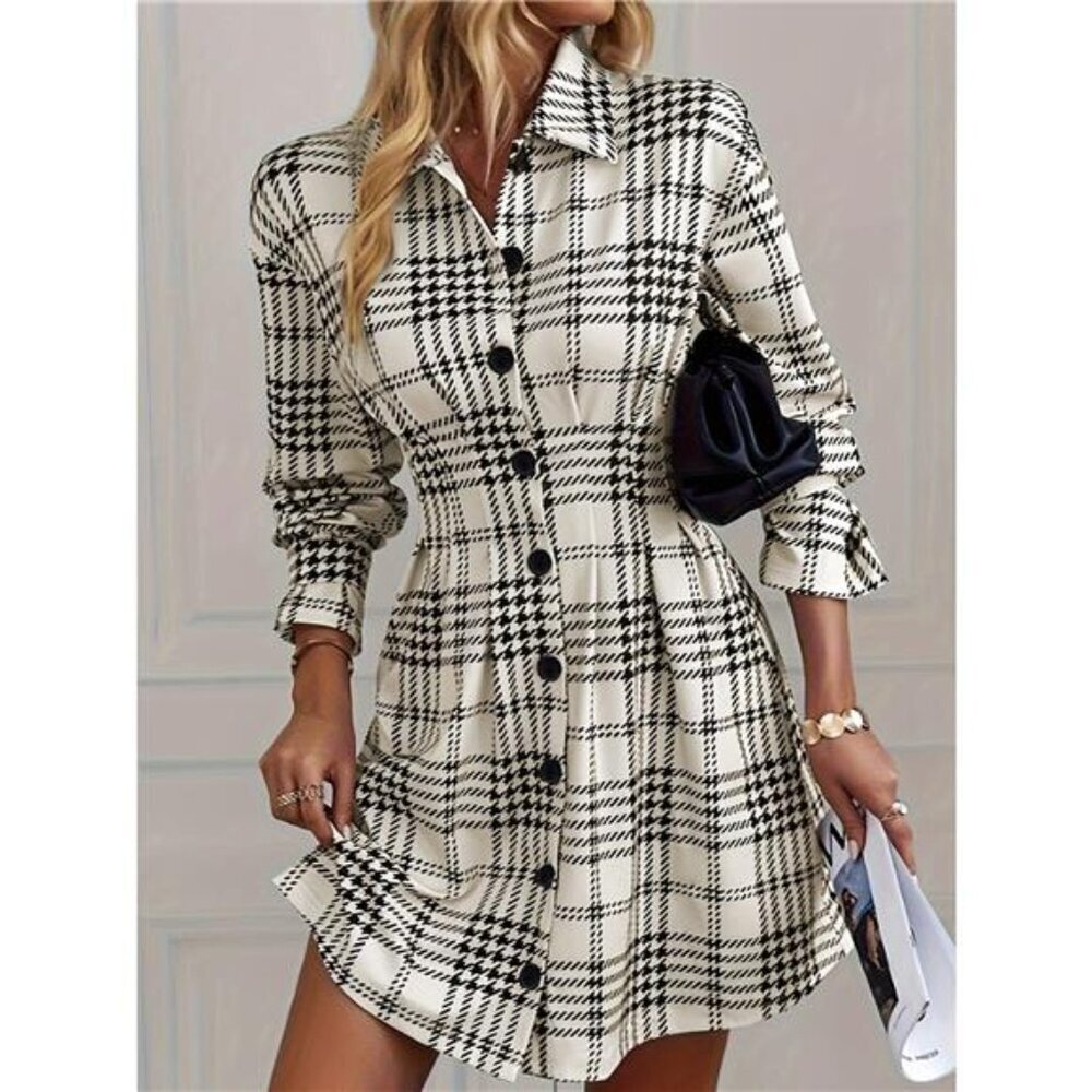 Houndstooth Button-Down Shirt Dress